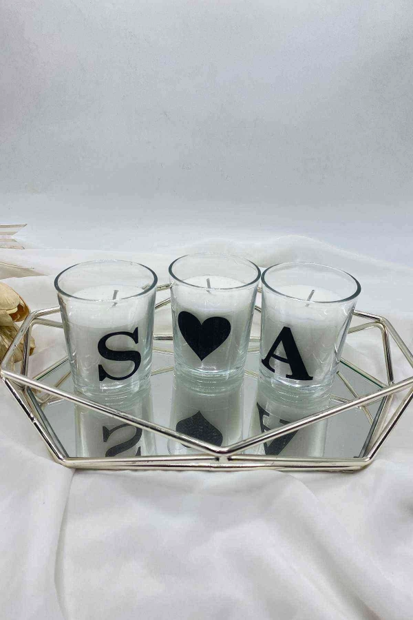 Dekoratif Prizma Tepsi ve 3 Adet Kristal Başlı Set Mum Vanilya Kokulu Gümüş