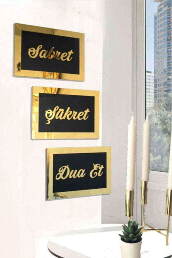 Tablo Şükret Sabret Dua Et Pleksi Aynalı Gold