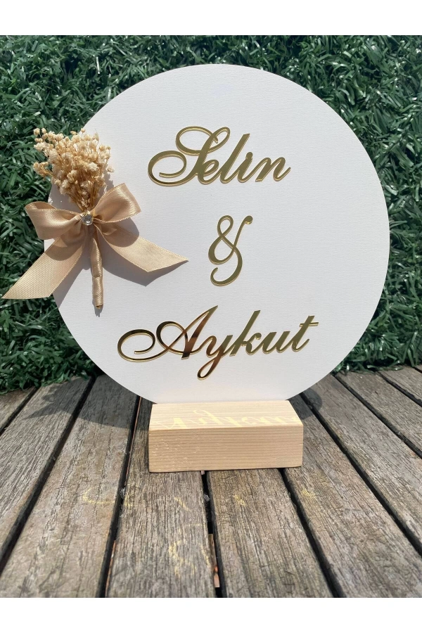 Ahşap, Çiçekli, Süslü, Gold Pleksi Söz Nişan Masa Üstü İsimlik Altın Renk