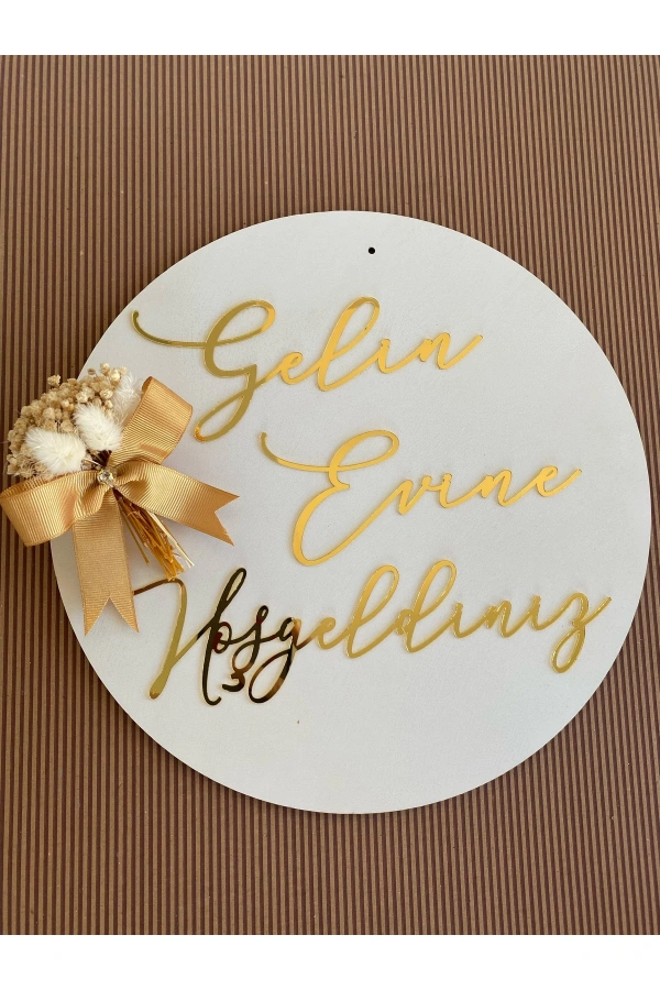 Ahşap, Çiçekli, Süslü, Gold Pleksi Söz Nişan İsimlik Kapı Süsü Altın Renk