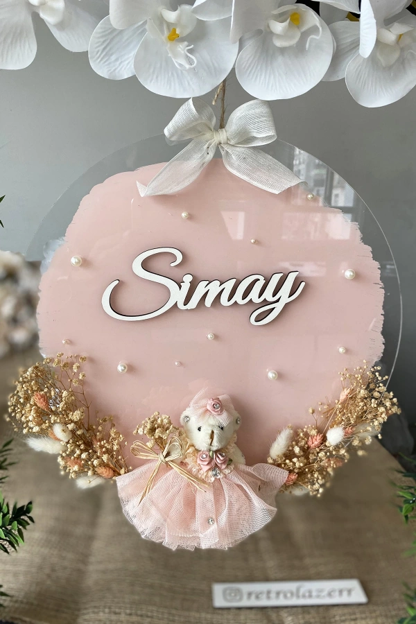 Şeffaf Boyalı Pleksi Peri Ayıcıklı Bebek Kapı Süsü İsimlik Makrome 30x30 cm