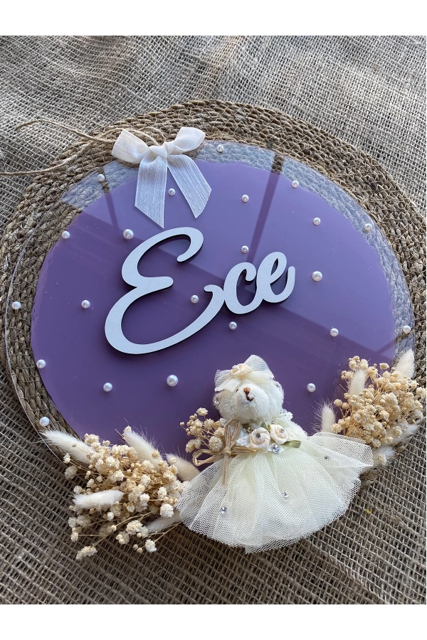 Şeffaf Boyalı Pleksi Peri Ayıcıklı Bebek Kapı Süsü İsimlik Makrome 30x30 cm