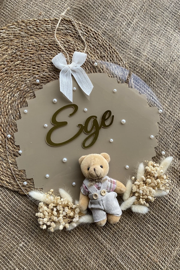 Şeffaf Boyalı Pleksi Ayıcıklı Bebek Kapı Süsü İsimlik Makrome 30x30 cm