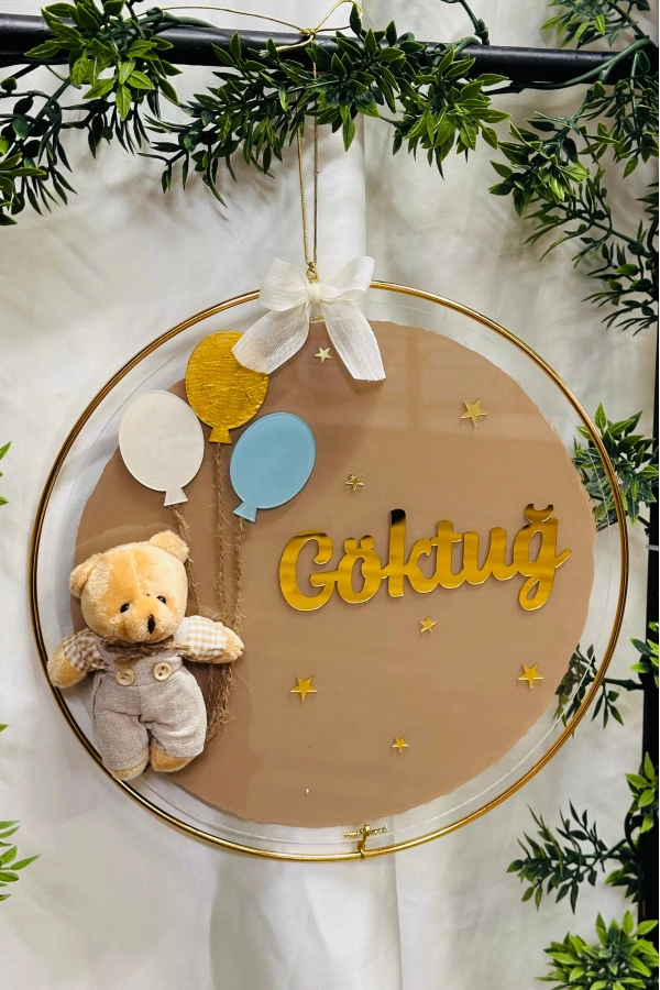 Şeffaf Boyalı Pleksi Ayıcıklı Bebek Kapı Süsü İsimlik Makrome 30x30 cm