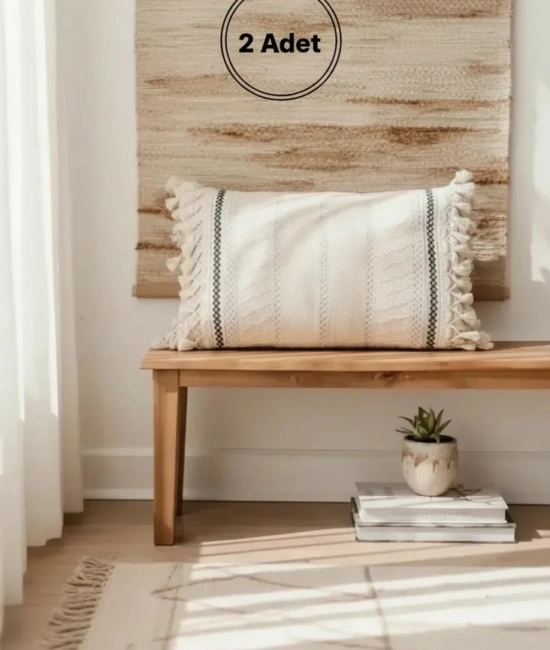 Özel Tasarım Runner Dantelli Keten Krem Kırlent Kılıfı 35x55