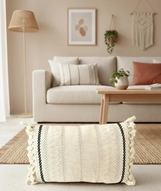 Özel Tasarım Runner Dantelli Keten Krem Kırlent Kılıfı 35x55