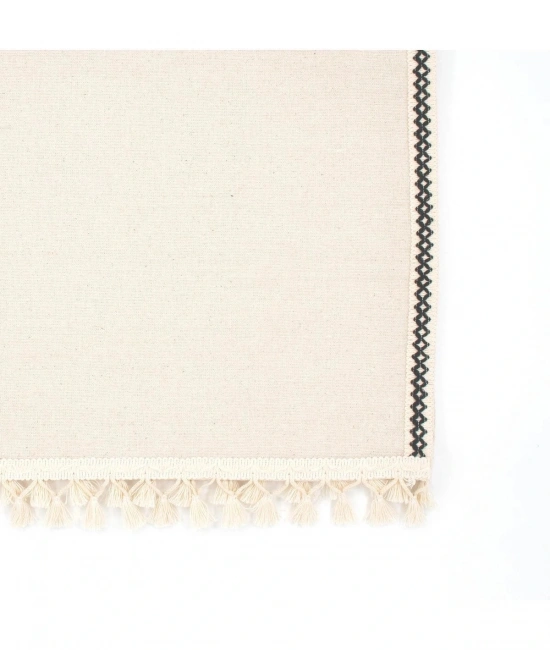 Ham Keten Siyah Şeritli Ponponlu 50 X 150 Cm. Krem Runner.