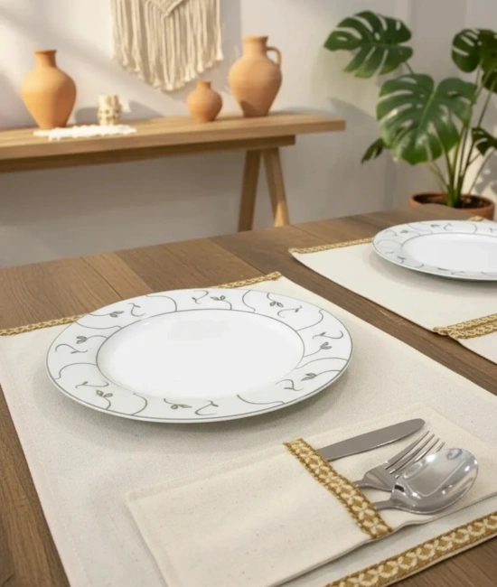 Keten Sarı Dokuma Şeritli 6lı Amerikan Servis Seti Kaşıklık Hediyeli 35x55