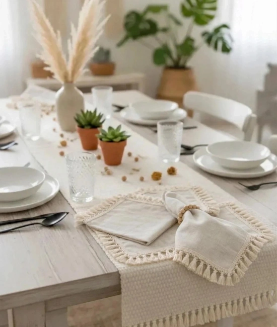 Organik Ham Keten Ham Ponponlu 6lı Ahsap Toka Hediyeli 40 X 40 Peçete Takımı
