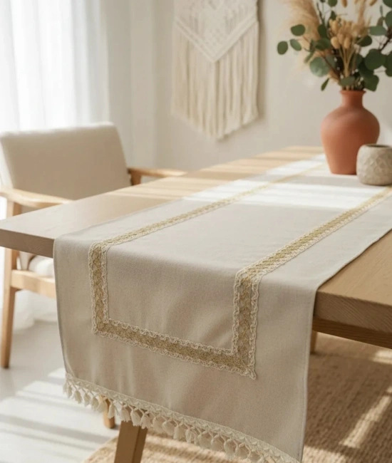 Keten Bej Renk Jüt Dantel Ponponlu Runner 50 X 150