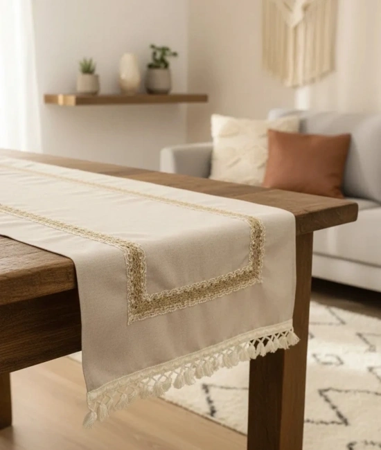 Keten Bej Renk Jüt Dantel Ponponlu Runner 50 X 150