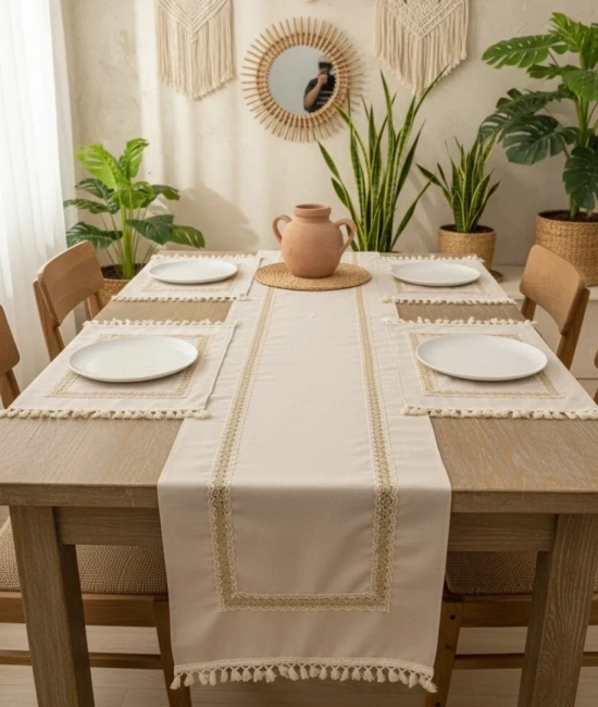Keten Bej Renk Jüt Dantel Ponponlu Runner 50 X 150