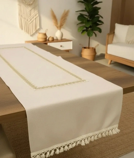 Keten Bej Renk Jüt Dantel Ponponlu Runner 50 X 150