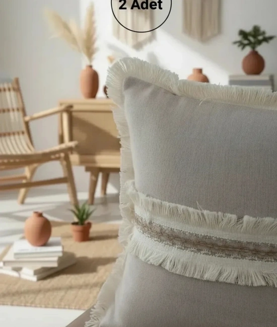 Bej Keten Jüt Dantelli Kırlent Kırlent Kılıfı 43 X 43