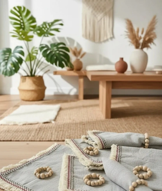 6LI Gri Keten Mini Püsküllü [Ahşap Toka Hediyeli] Peçete Takımı