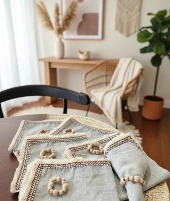 6LI Gri Keten Mini Püsküllü [Ahşap Toka Hediyeli] Peçete Takımı