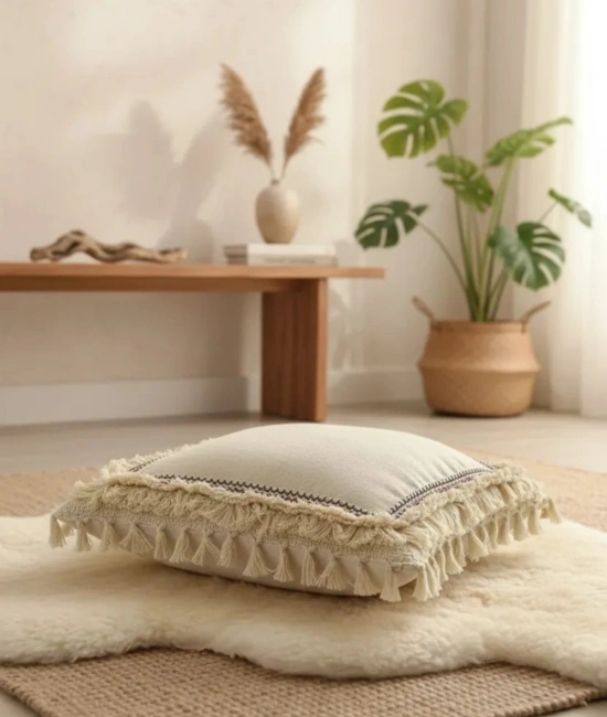 Dört Kenar Püsküllü Keten Krem Kırlent Kırlent Kılıfı43x43][