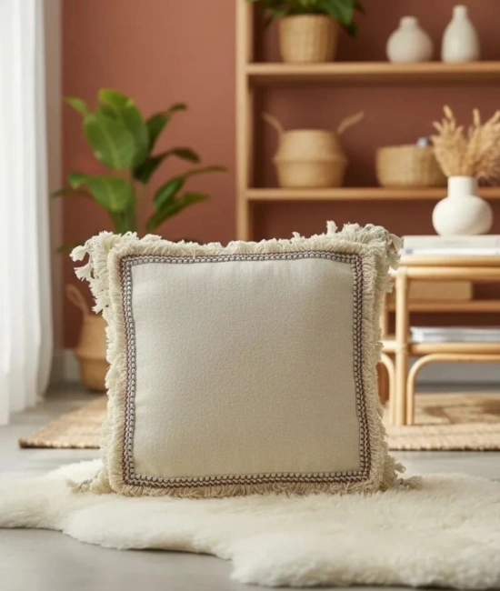 Dört Kenar Püsküllü Keten Krem Kırlent Kırlent Kılıfı43x43][