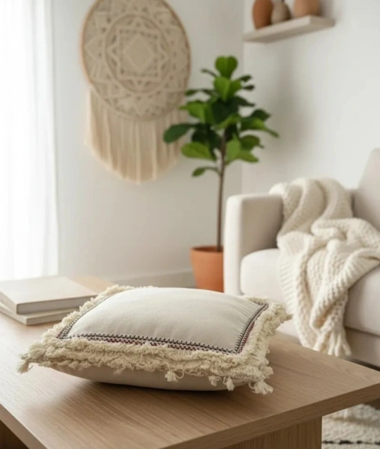 Dört Kenar Püsküllü Keten Krem Kırlent Kırlent Kılıfı43x43][