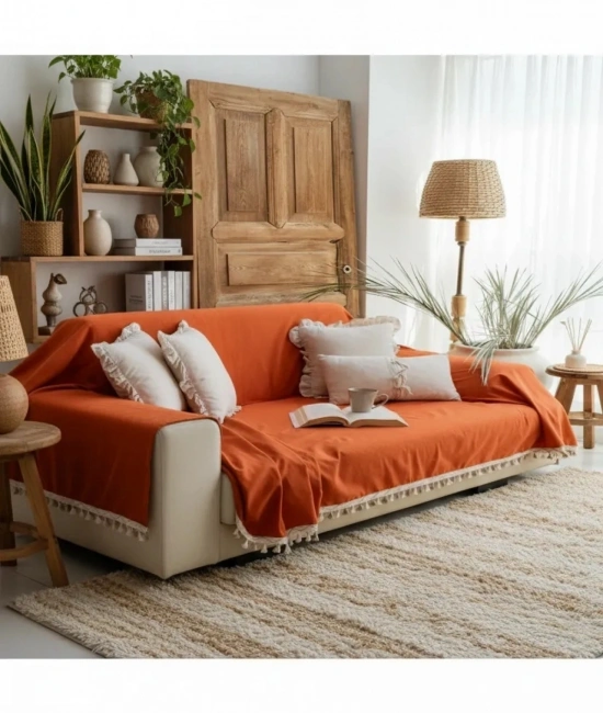 Premium Keten Tarçın KAHVERENGİ Ponponlu Koltuk Örtüsü (170 x 210)