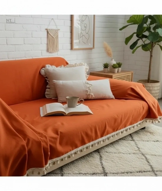 Premium Keten Tarçın KAHVERENGİ Ponponlu Koltuk Örtüsü (170 x 210)