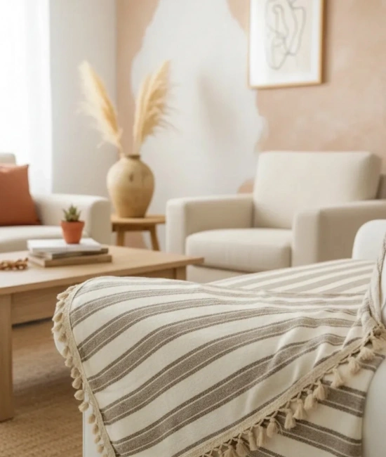 Premium Keten Kahverengi Çizgili Bej Ponponlu Koltuk Örtüsü (170 x 220)