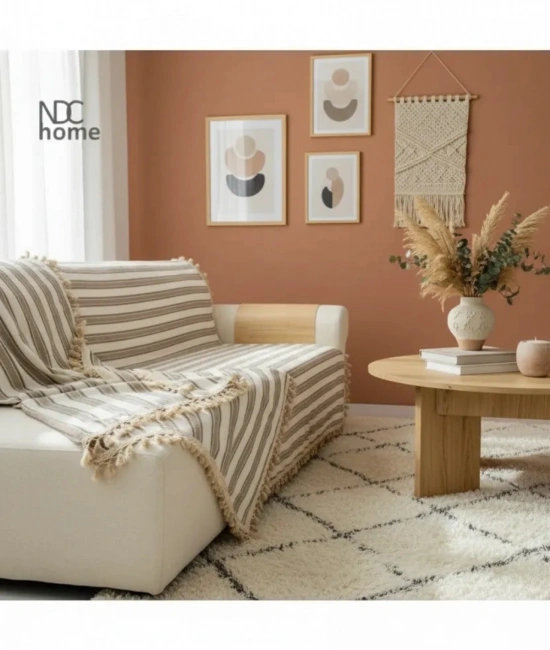 Premium Keten Kahverengi Çizgili Bej Ponponlu Koltuk Örtüsü (170 x 220)