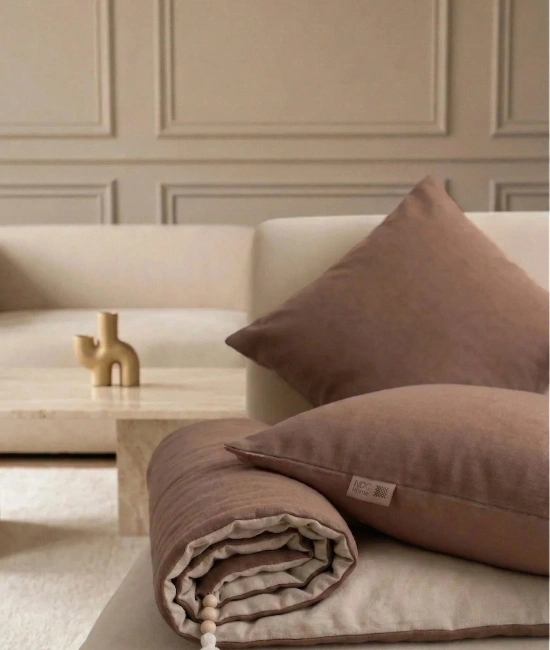 Luxury Çift Taraflı Keten Koltuk Pedi / Şiltesi [Kırlentli] - Kahverengi-Bej