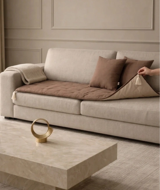 Luxury Çift Taraflı Keten Koltuk Pedi / Şiltesi [Kırlentli] - Kahverengi-Bej