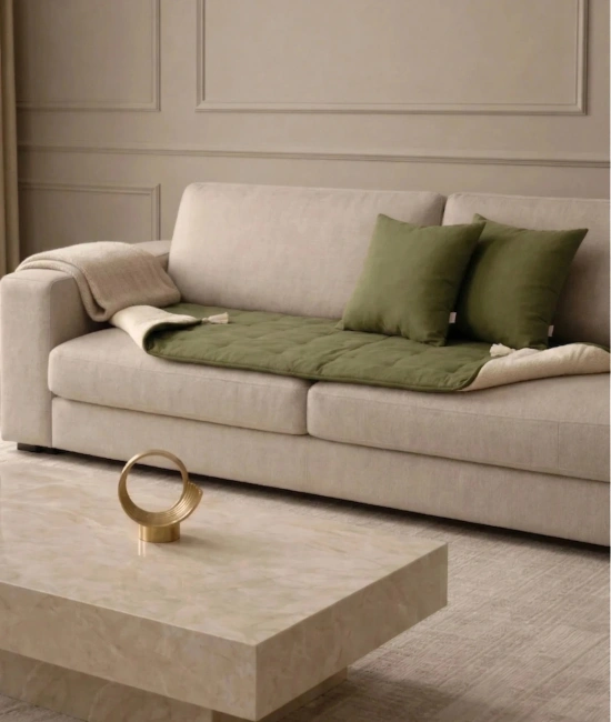 Luxury Çift Taraflı Keten Koltuk Pedi / Şiltesi [Kırlentli] - Haki-Krem