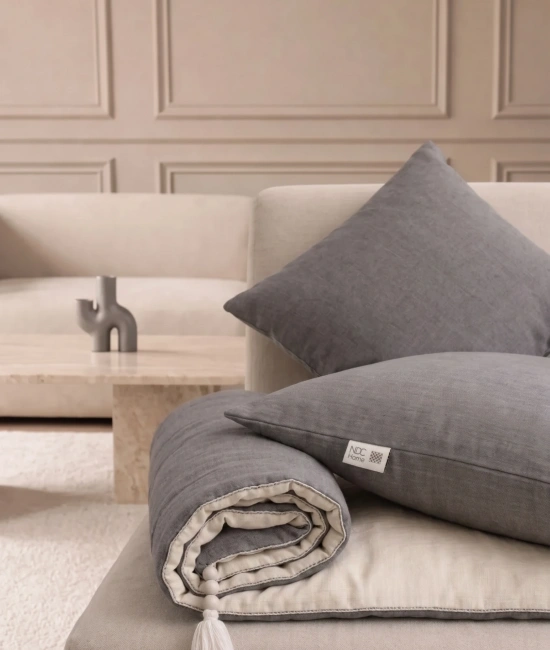 Luxury Çift Taraflı Keten Koltuk Pedi / Şiltesi [Kırlentli] - Füme-Krem