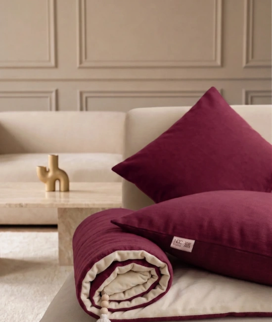 Luxury Çift Taraflı Keten Koltuk Pedi / Şiltesi [Kırlentli] - Bordo-Krem