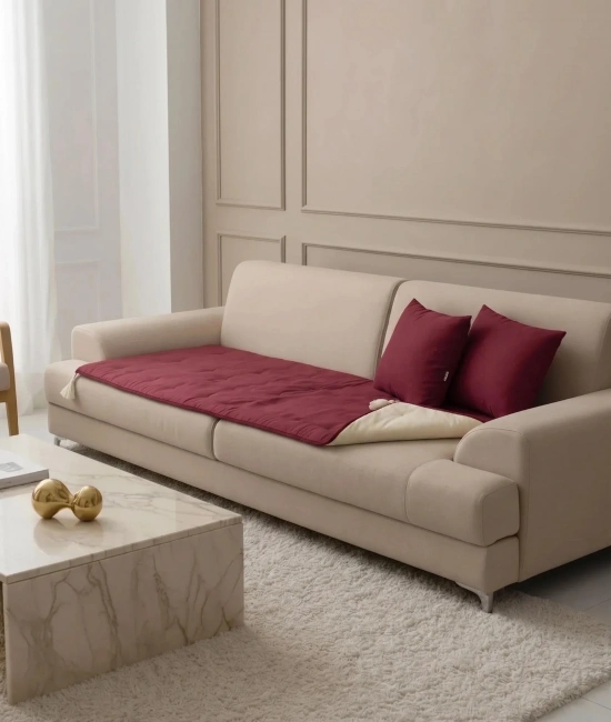 Luxury Çift Taraflı Keten Koltuk Pedi / Şiltesi [Kırlentli] - Bordo-Krem