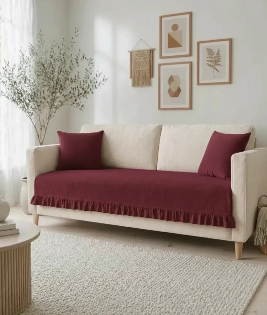 Fırfırlı Keten Koltuk Örtüsü [Kırlentli]-Bordo