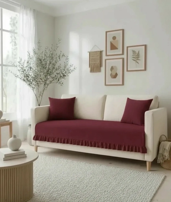 Fırfırlı Keten Koltuk Örtüsü [Kırlentli]-Bordo