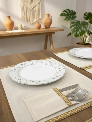 Keten Sarı Dokuma Şeritli 6lı Amerikan Servis Seti Kaşıklık Hediyeli 35x55