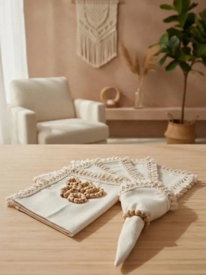 Organik Ham Keten Ham Ponponlu 6lı Ahsap Toka Hediyeli 40 X 40 Peçete Takımı