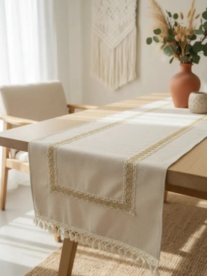 Keten Bej Renk Jüt Dantel Ponponlu Runner 50 X 150