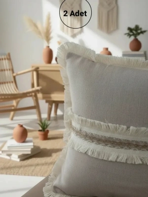 Bej Keten Jüt Dantelli Kırlent Kırlent Kılıfı 43 X 43