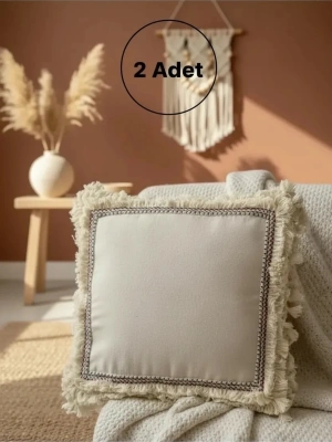 Dört Kenar Püsküllü Keten Krem Kırlent Kırlent Kılıfı43x43][