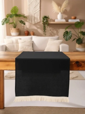 Premium Keten Siyah Püsküllü Runner Masa Örtüsü(45 x 150)
