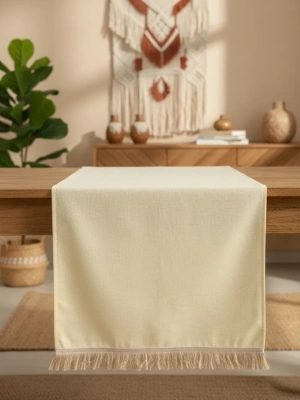Premium Keten Sarı Püsküllü Runner Masa Örtüsü(45 x 150)