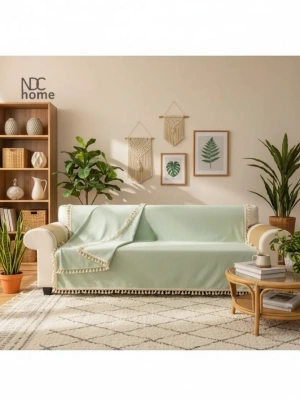 Premium Keten Adaçayı Ponponlu  Koltuk Örtüsü (170 x 220)