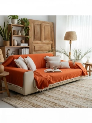 Premium Keten Tarçın KAHVERENGİ Ponponlu Koltuk Örtüsü (170 x 210)