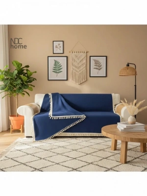 Premium Keten Lacivert  Ponponlu  Koltuk Örtüsü (170 x 220)