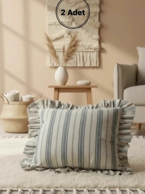Premium Keten Gri Kalın Çizgili Fırfırlı KIrlent Kırlent Kılıfı (43 x 43 )
