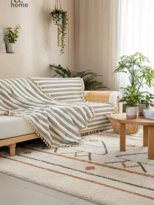 Premium Keten Kahverengi Çizgili Bej Ponponlu Koltuk Örtüsü (170 x 220)