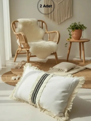 Keten Krem Siyah Şeritli Püsküllü Kırlent Kırlent Kılıfı(35 X 55 )