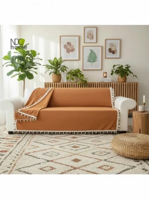 Premium Keten Tarçın [ TARÇIN] Ponponlu Koltuk Örtüsü (170 x 220