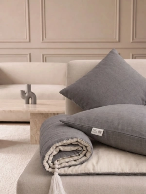 Luxury Çift Taraflı Keten Koltuk Pedi / Şiltesi [Kırlentli] - Füme-Krem